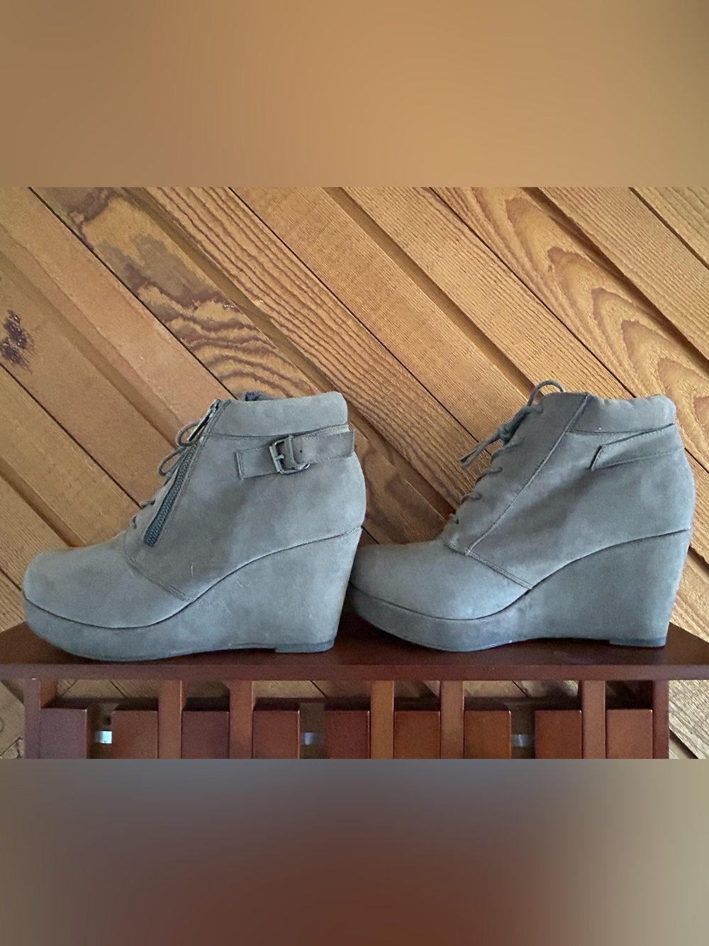 Shoe Dazzle Taupe Suede Wedge Ankle Boots with Lace-Up and Side Zip